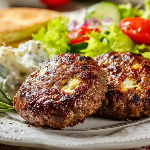 Bifteki aus dem Airfryer mit geschmolzenem Feta serviert auf Teller