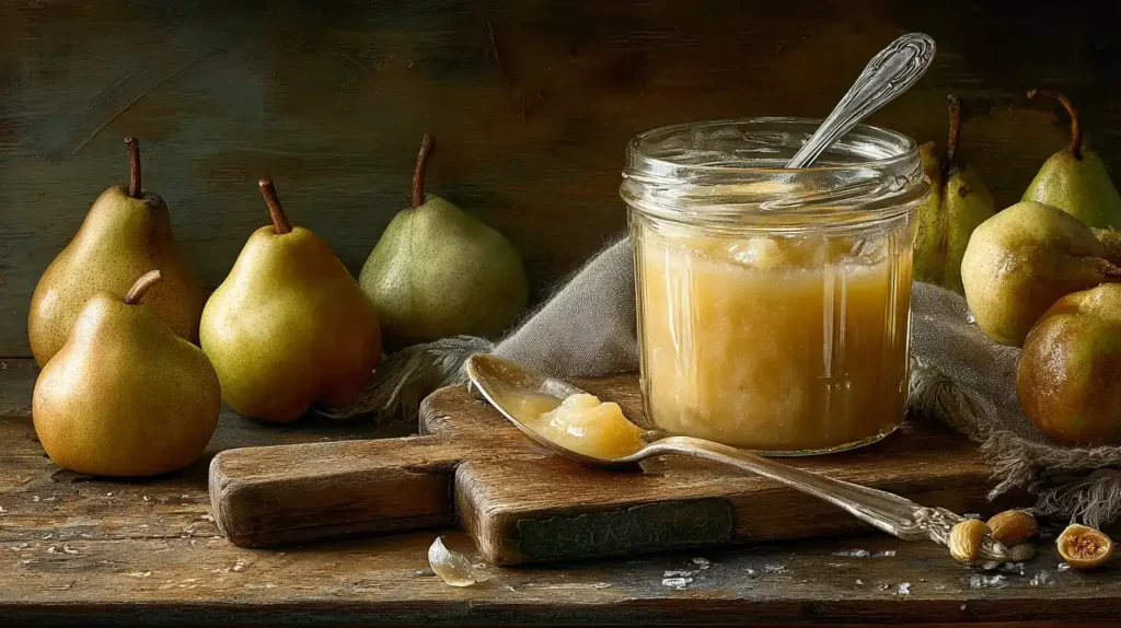 Birnen-Marzipan-Marmelade auf knusprigem Brot mit Dekoration