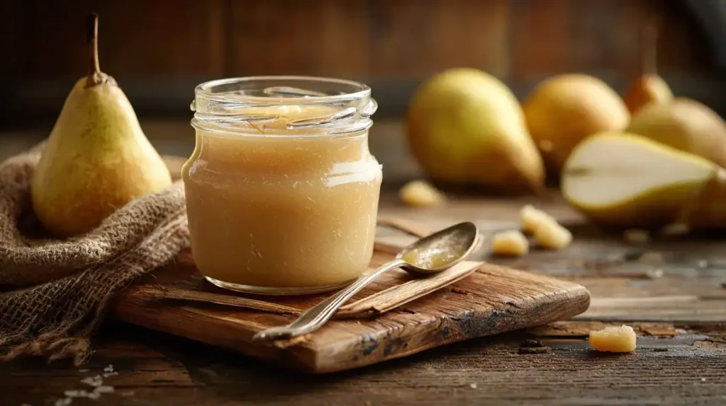 Frisches Glas Birnen-Marzipan-Marmelade auf Holzbrett mit Löffel