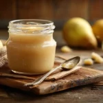 Frisches Glas Birnen-Marzipan-Marmelade auf Holzbrett mit Löffel