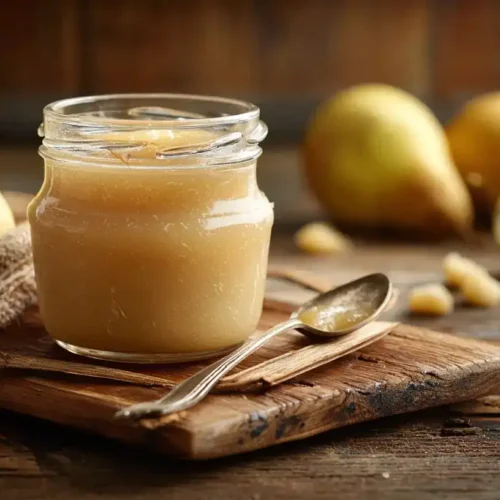 Frisches Glas Birnen-Marzipan-Marmelade auf Holzbrett mit Löffel