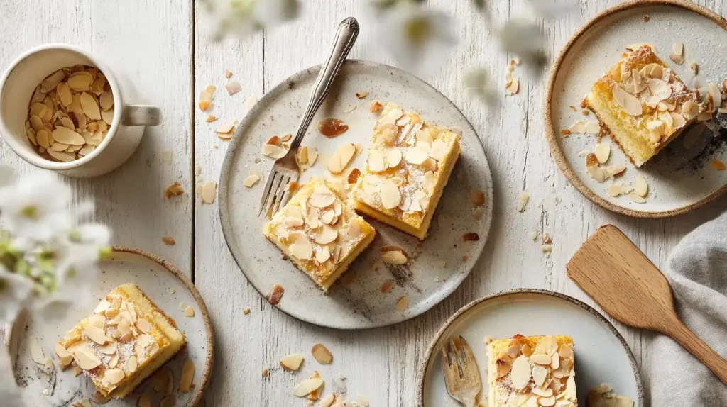 litz-Blechkuchen mit knuspriger Mandelkruste auf weißem Teller, gemütliche Kaffeetafel
