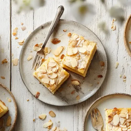 litz-Blechkuchen mit knuspriger Mandelkruste auf weißem Teller, gemütliche Kaffeetafel