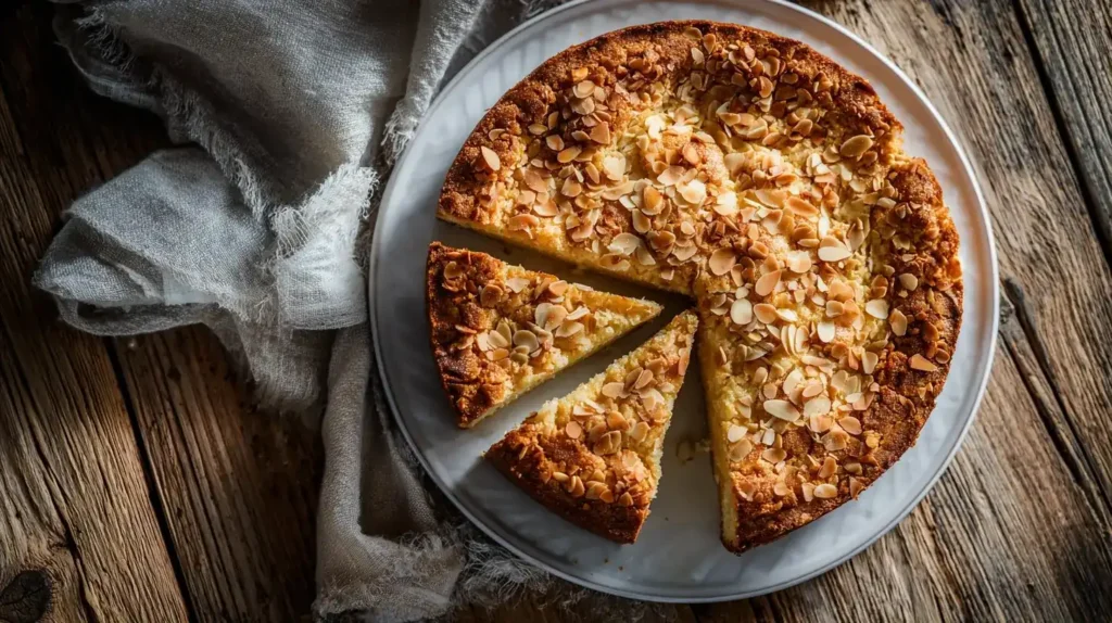 Aufgeschnittener Blitz-Blechkuchen mit Knuspermandeln, saftiger Teig und goldene Mandelblättchen