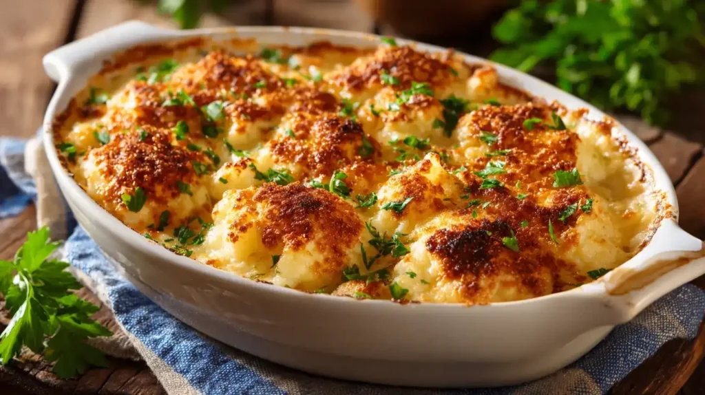 Cremiger Blumenkohl-Käse-Auflauf mit goldbrauner Käsekruste in Auflaufform