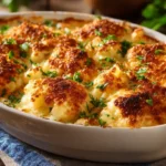 Cremiger Blumenkohl-Käse-Auflauf mit goldbrauner Käsekruste in Auflaufform