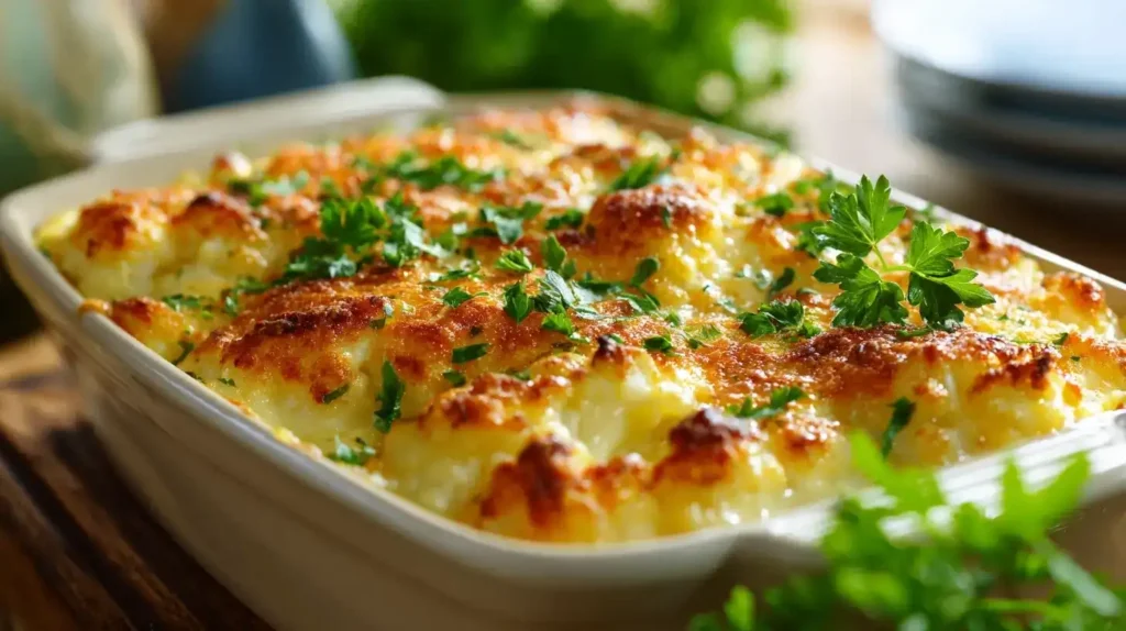 Servierter Blumenkohl-Käse-Auflauf mit Petersilien-Garnitur auf Teller