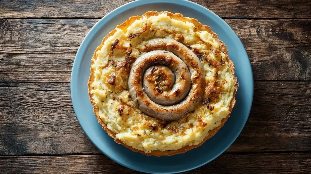 Brezeltorte mit knusprigem Brezelboden, Sauerkraut und Bratwurstschnecke
