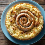 Brezeltorte mit knusprigem Brezelboden, Sauerkraut und Bratwurstschnecke
