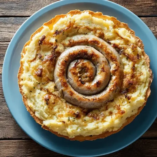 Brezeltorte mit knusprigem Brezelboden, Sauerkraut und Bratwurstschnecke