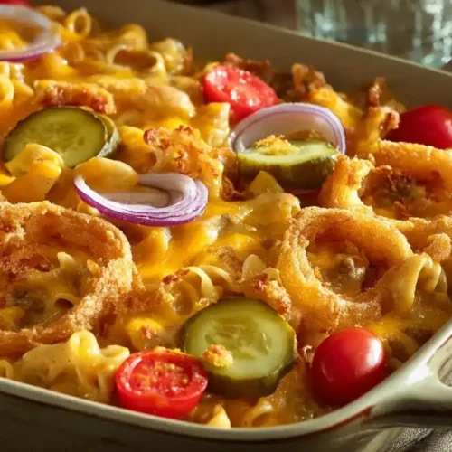 Goldbrauner Cheeseburger-Nudelauflauf mit geschmolzenem Cheddar, Zwiebelringen, Gurkenscheiben und Kirschtomaten