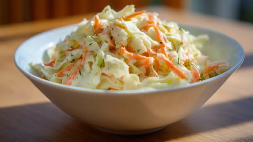 Amerikanischer Coleslaw Salat mit cremigem Dressing, knackigem Kohl und frischen Möhren, perfekt als Beilage