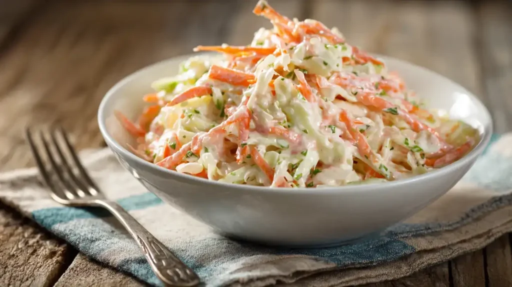 Cremiger Coleslaw mit Weißkohl und Möhren, frisch und knackig serviert in einer weißen Schüssel