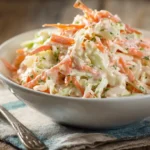 Cremiger Coleslaw mit Weißkohl und Möhren, frisch und knackig serviert in einer weißen Schüssel