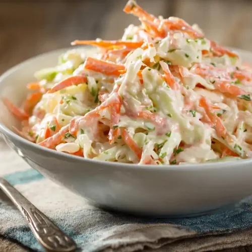 Cremiger Coleslaw mit Weißkohl und Möhren, frisch und knackig serviert in einer weißen Schüssel