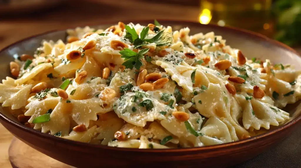Farfalle Nudeln in Käse-Kräutersoße mit frischen Kräutern