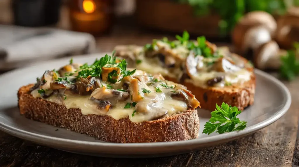 Nahaufnahme von cremigen Pilzen auf Toast mit geschmolzenem Gouda und frischer Petersilie