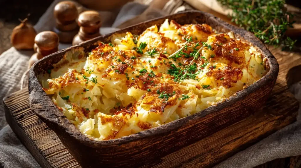 Servierter gebackener Weißkohl mit cremiger Parmesansoße, bestreut mit Parmesan und frischen Kräutern, familienfreundlich