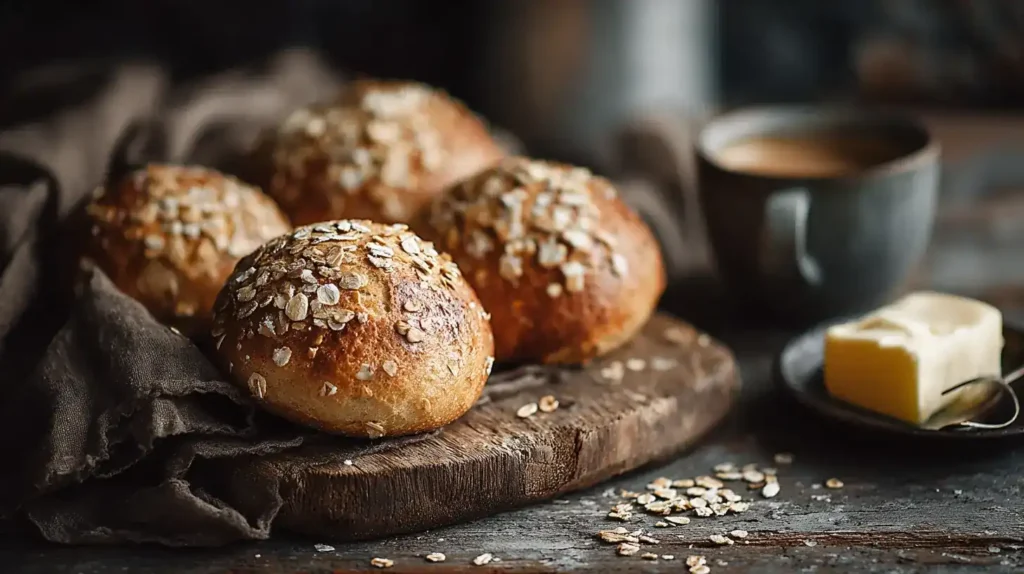 Dänische Haferflockenbrötchen serviert mit Butter und Honig