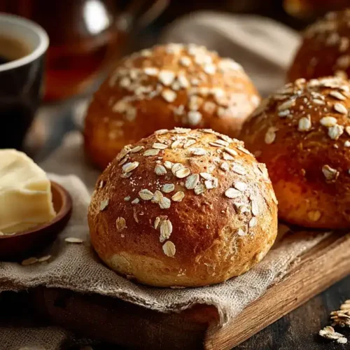 Frisch gebackene Dänische Haferflockenbrötchen auf Backblech