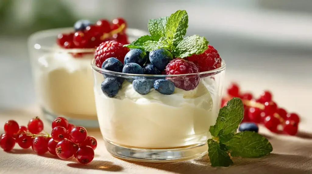 Nahaufnahme von Diplomatencreme, cremig und luftig, perfekt serviert im Dessertglas