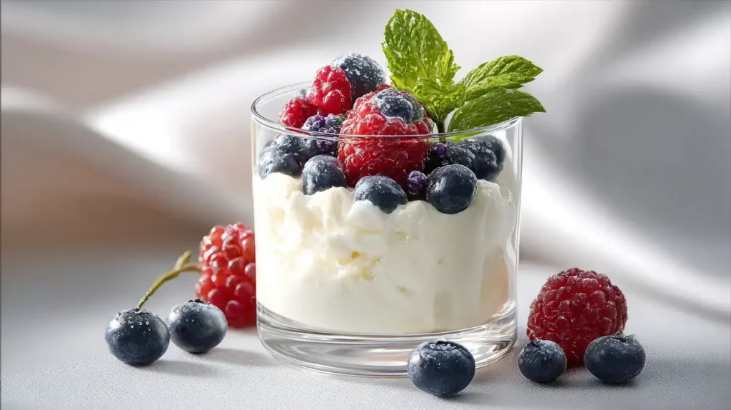 Diplomatencreme im Glas, luftige Vanillecreme mit frischen Beeren dekoriert