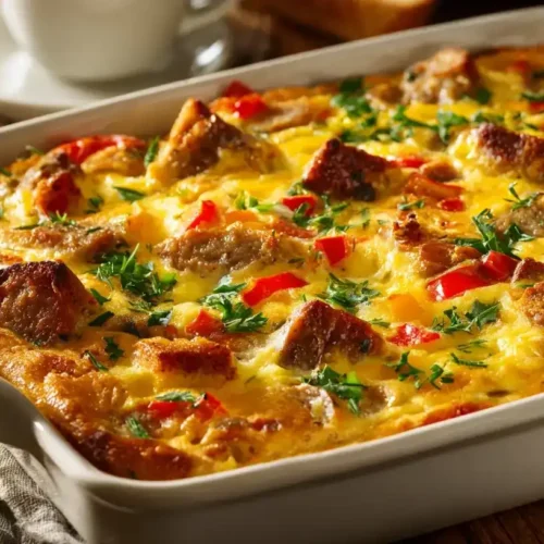 Goldener Ei-Auflauf mit Bratwurst, Paprika und geschmolzenem Cheddar in Auflaufform
