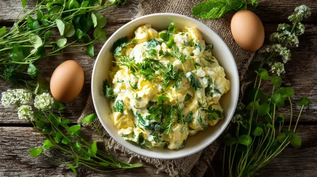 Eiersalat serviert als Brotaufstrich mit Kresse und Petersilie