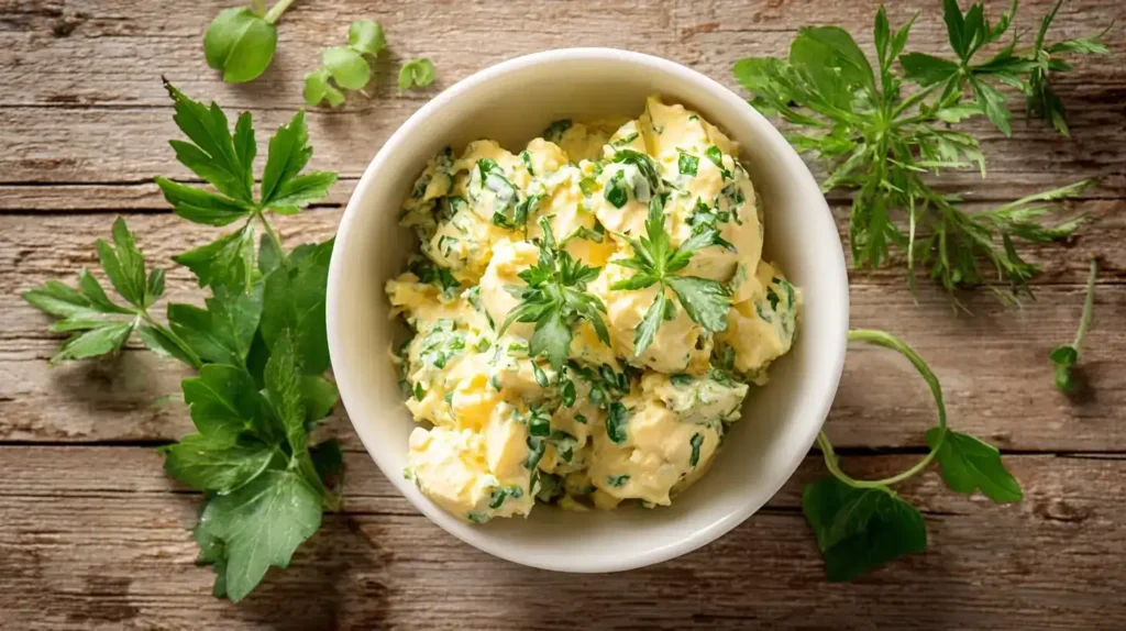 Cremiger Eiersalat mit frischen Kräutern in weißer Schüssel