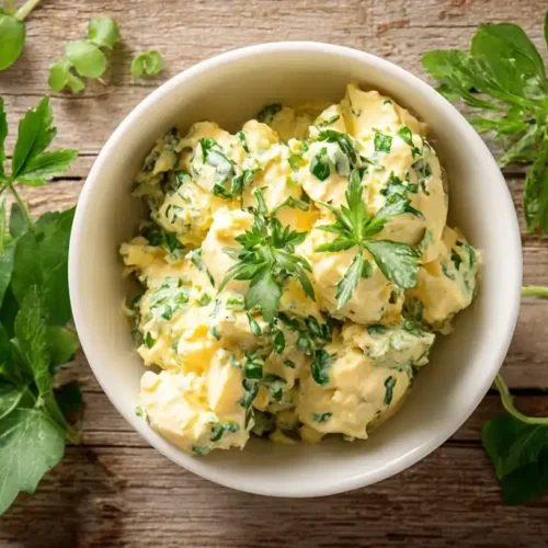 Cremiger Eiersalat mit frischen Kräutern in weißer Schüssel