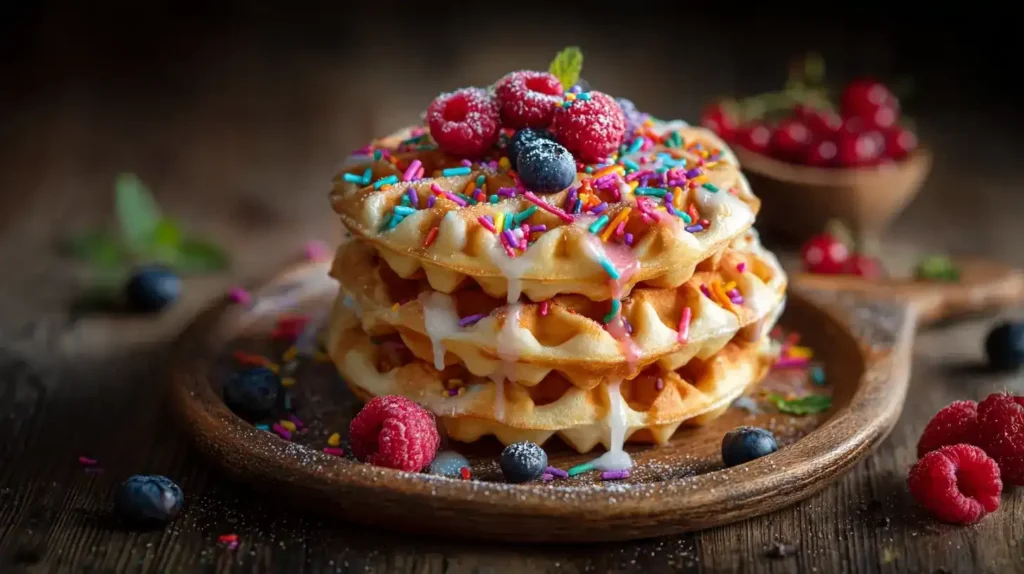 Frisch gebackene Fantakuchen-Waffeln mit buntem Zuckerguss und frischen Beeren auf einem Teller
