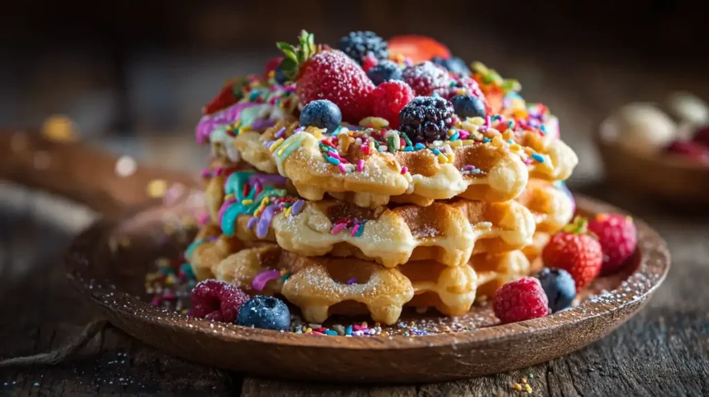 Detailaufnahme einer saftigen Fantakuchen-Waffel mit Zuckerstreuseln und frischen Früchten