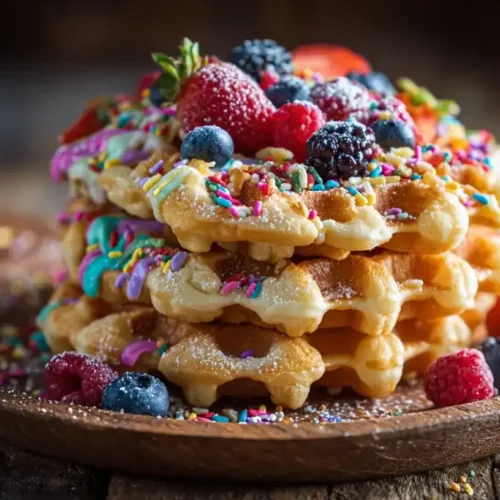 Detailaufnahme einer saftigen Fantakuchen-Waffel mit Zuckerstreuseln und frischen Früchten