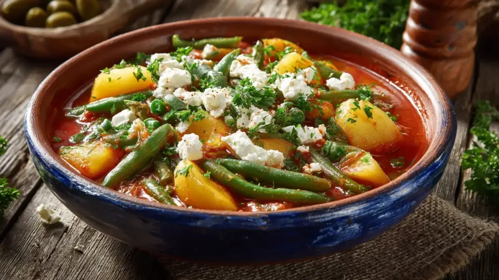 Fasolakia griechischer Bohnen-Eintopf mit Kartoffeln, Erbsen und Feta