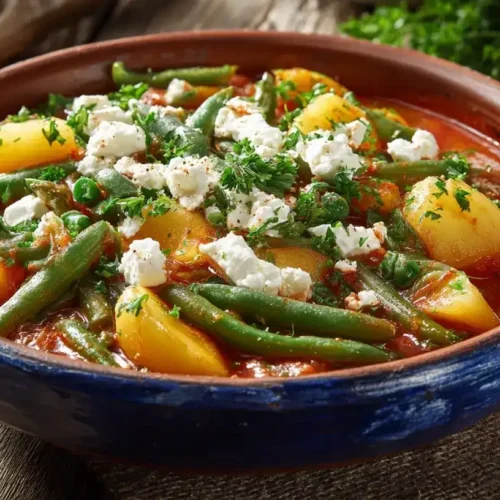 Fasolakia griechischer Bohnen-Eintopf mit Kartoffeln, Erbsen und Feta