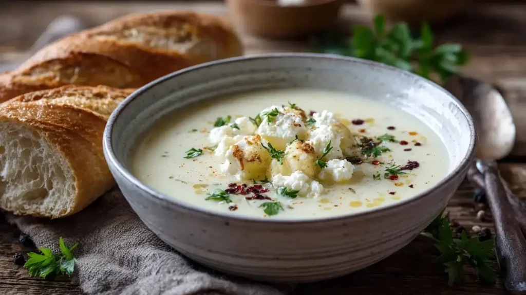 Zutaten für Feta-Kartoffelsuppe auf Holztisch mit Kartoffeln, Sellerie, Zwiebeln und Feta