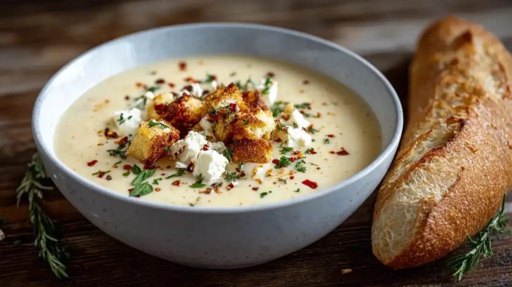 Cremige Feta-Kartoffelsuppe in Schüssel mit Petersilie und Feta garniert