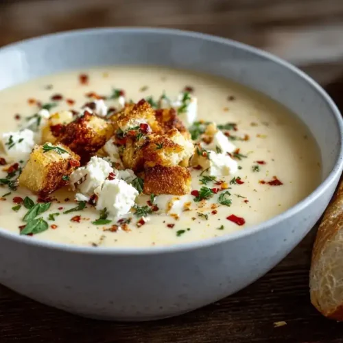 Cremige Feta-Kartoffelsuppe in Schüssel mit Petersilie und Feta garniert