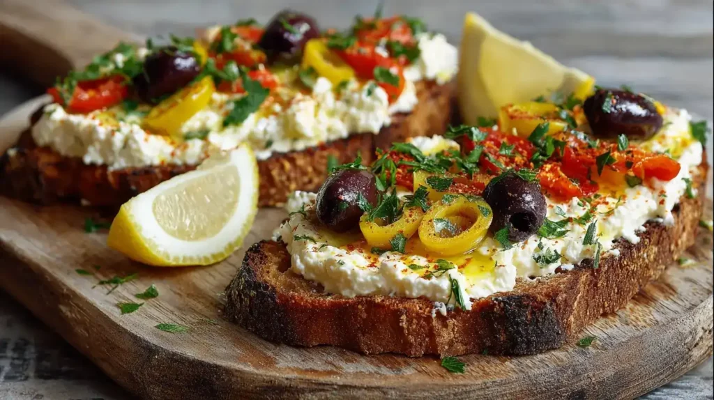 Feta-Olivencreme mit gerösteter Paprika als mediterraner Aufstrich auf frischem Baguette
