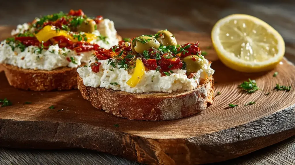 Cremige Feta-Olivencreme mit Paprika, garniert mit Oliven und Frühlingszwiebeln