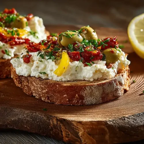 Cremige Feta-Olivencreme mit Paprika, garniert mit Oliven und Frühlingszwiebeln