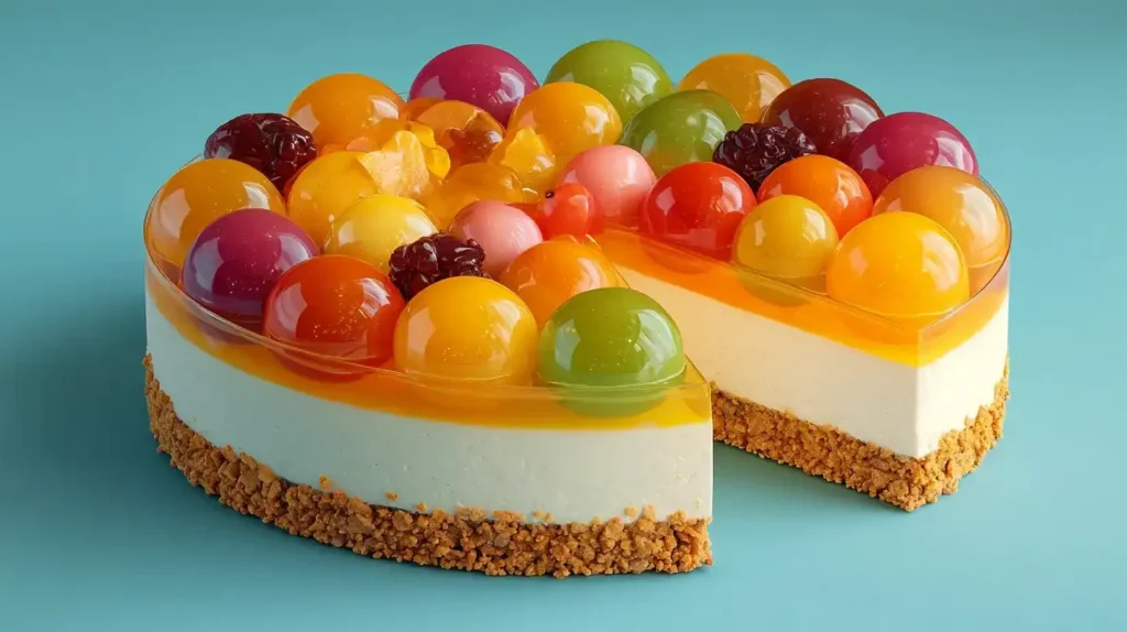 Frischkäsetorte mit bunten Wackelpudding-Halbkugeln und knusprigem Keksboden