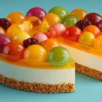 Frischkäsetorte mit bunten Wackelpudding-Halbkugeln und knusprigem Keksboden