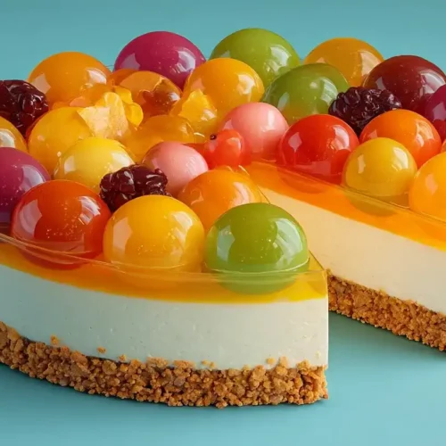 Frischkäsetorte mit bunten Wackelpudding-Halbkugeln und knusprigem Keksboden