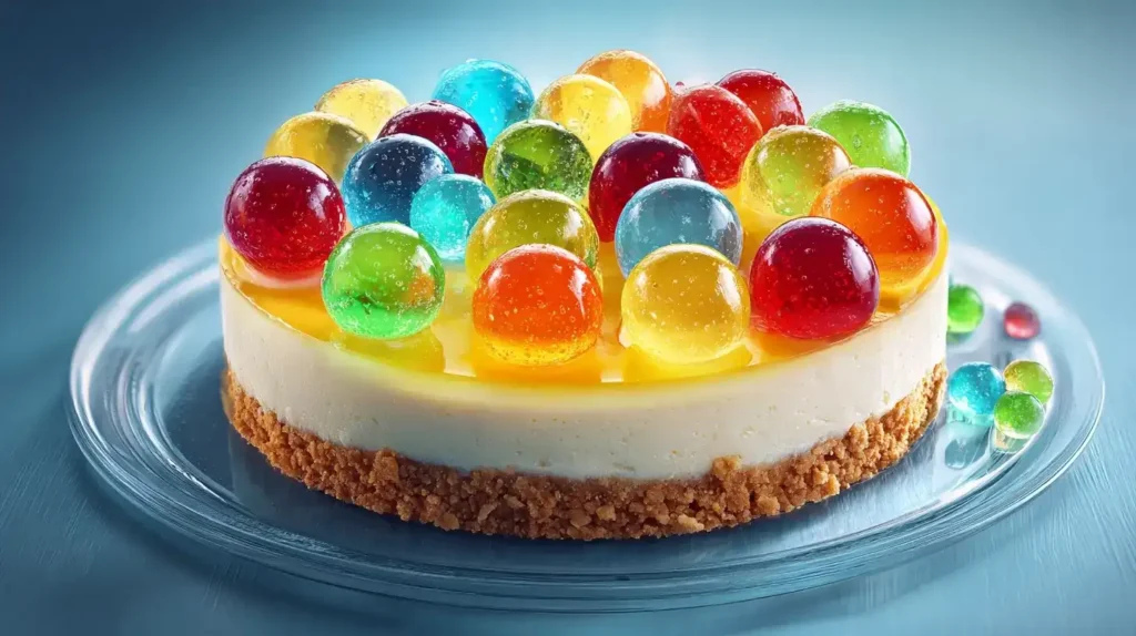 Ein Stück Frischkäsetorte mit Wackelpudding auf weißem Teller, dekorativ serviert