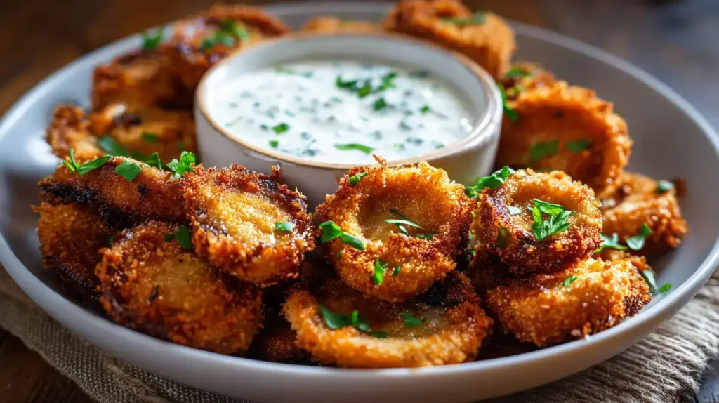 Knusprige frittierte Champignons serviert mit cremigem Ranch-Dip, garniert mit frischen Kräutern