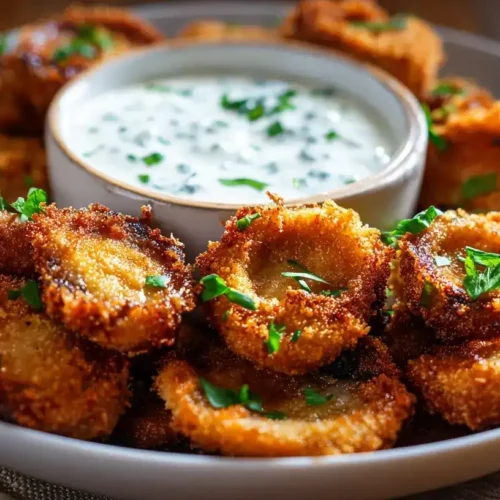 Knusprige frittierte Champignons serviert mit cremigem Ranch-Dip, garniert mit frischen Kräutern