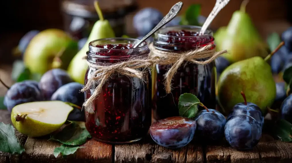 Frühstücksszene mit frischem Brot und Pflaumen-Birnen-Marmelade
