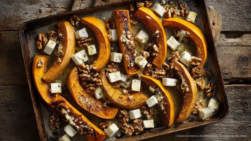 Gebackener Kürbis vom Blech mit Mozzarella und Walnüssen