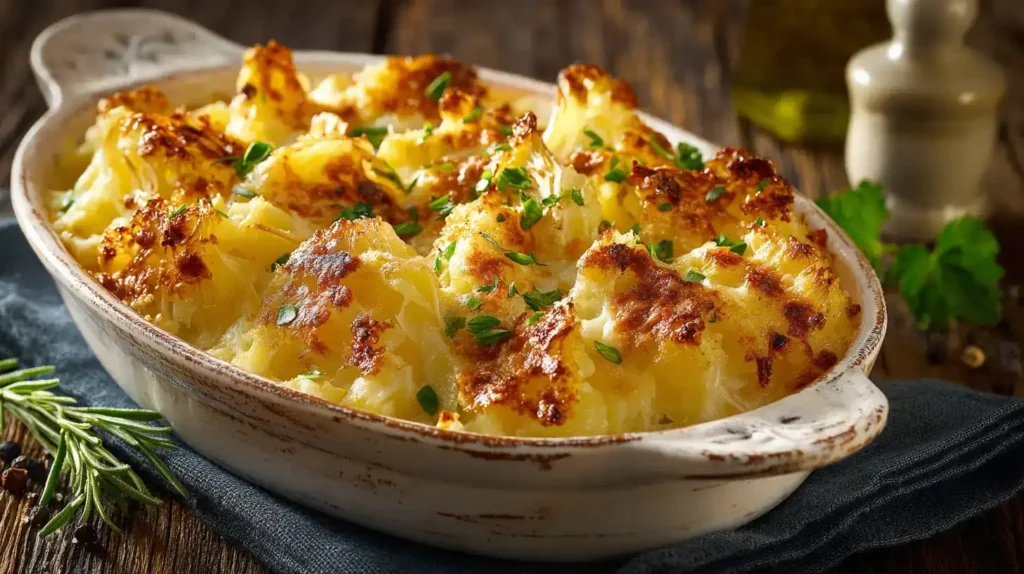 Gebackener Weißkohl mit cremiger Parmesansoße in einer rustikalen Auflaufform, goldbraun und aromatisch